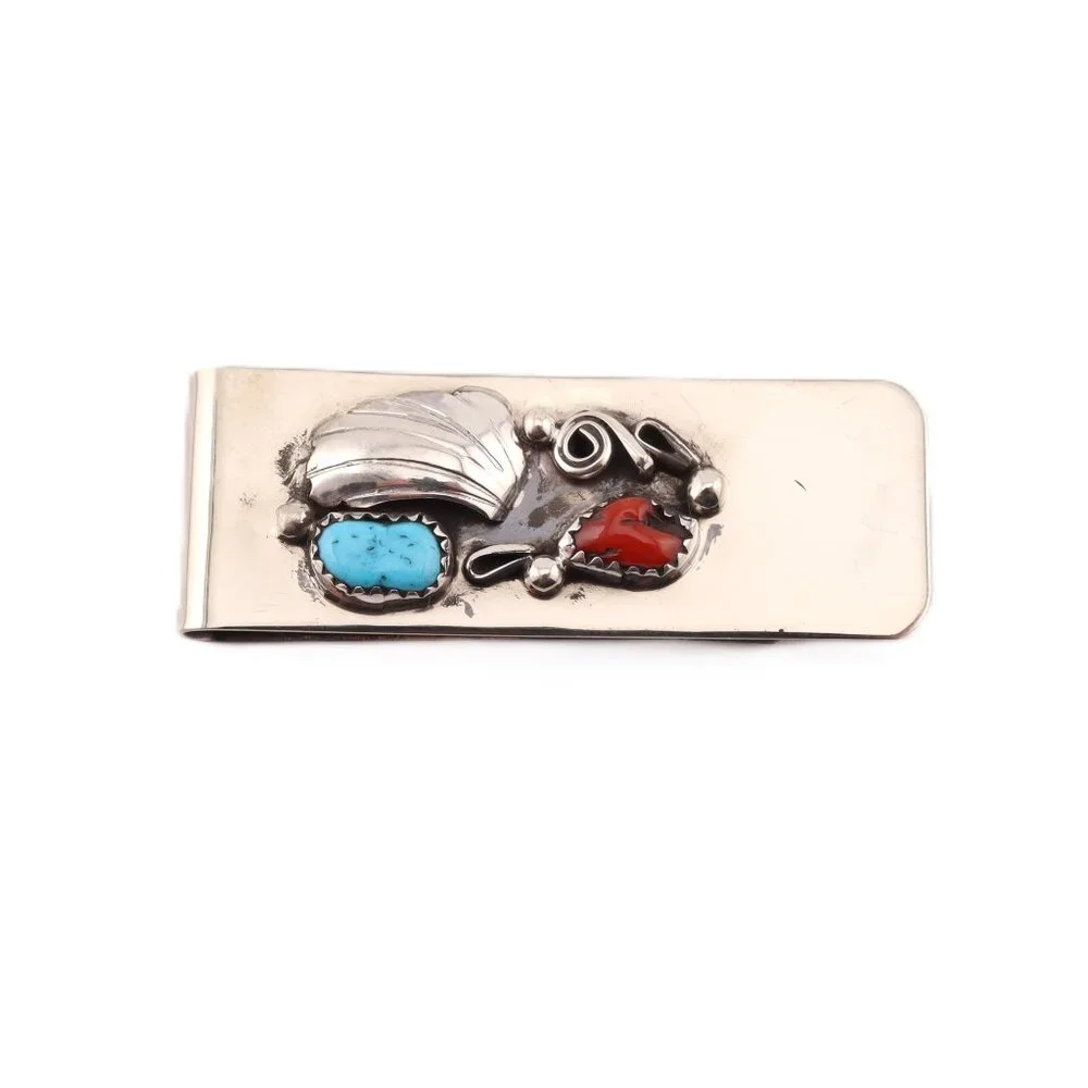 Native American Money Clip Sterling Silver Turquoise and Coral Stones Handmade**